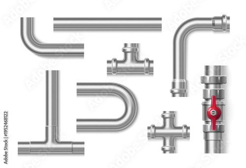 Steel tubes and metal fittings set isolated on white background. Vector realistic illustration of drainage system or gas pipeline elements, valve and connections, plumbing services, home repair