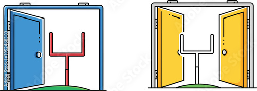 Illustration of an open blue door leading to an American football goalpost on a green field including a yellow version,