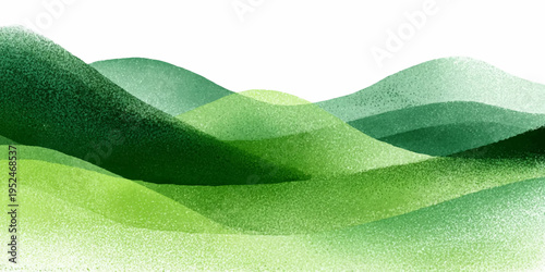 Watercolor landscape with rolling green hills and meadow under spring sky. Natural field scenery perfect for seasonal posters, banners, and nature-themed design projects.