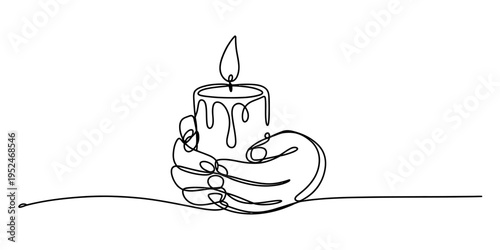 Εκτύπωση καμβά Continuous line drawing of hands cupped around a lit candle with melting wax