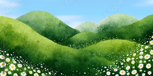 Watercolor landscape with chamomile fields and rolling green hills under spring sky. Peaceful meadow scenery with wildflowers and soft clouds in nature background. Vector Illustration.