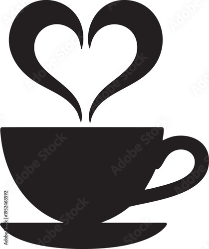 Black silhouette vector illustration of a steaming coffee cup with heart shaped steam suggesting warm beverage enjoyment and morning love