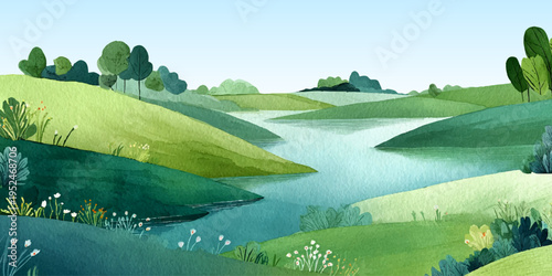 Watercolor landscape with rolling hills and chamomile meadow by flowing river under spring sky, perfect nature background for seasonal design projects. Vector Illustration.