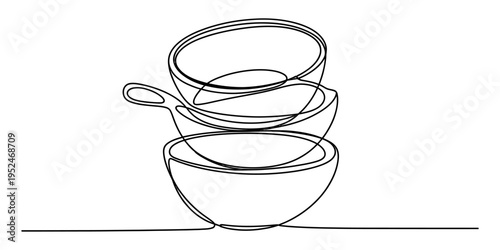 Continuous line drawing of three stacked ceramic bowls in a minimalist outline style.