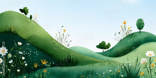 Green landscape painting featuring chamomile meadows and gentle hills. Watercolor spring field with wildflowers scattered throughout pastoral countryside. Serene nature illustration.