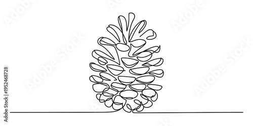 Continuous line drawing of a pinecone on a white background, minimalist nature illustration.