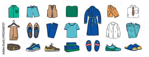 Mens clothing and wardrobe set shirts trousers shoes robe slippers belt gloves, hand drawn doodle