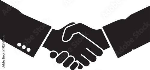 Simple black and white vector graphic illustration depicting a firm handshake between two professionals concluding a successful business deal or agreement