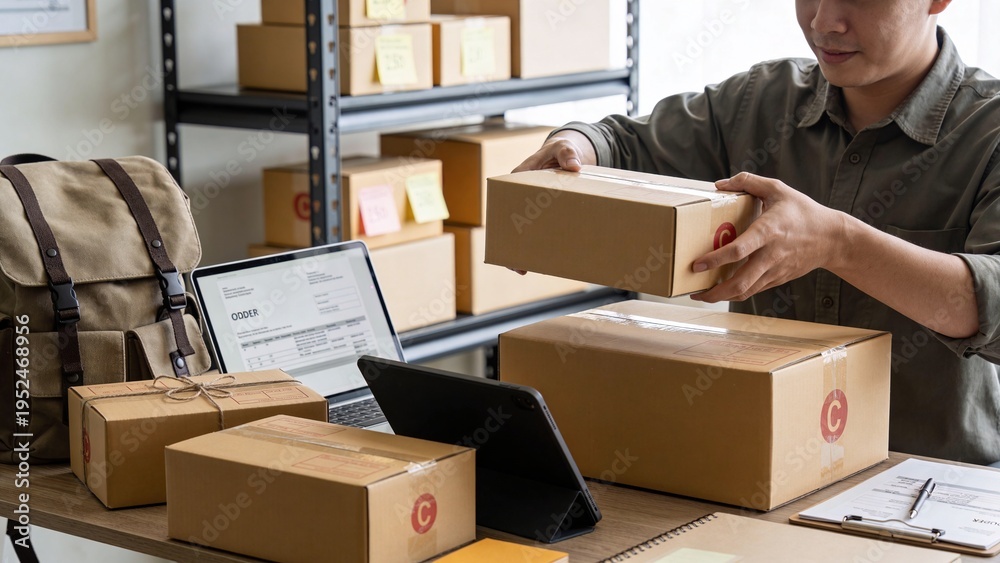 Fototapeta premium A modern ecommerce workspace featuring a person organizing packages, laptops, and tablets amidst clean, minimal packaging, ideal for online retail and shipping concepts.