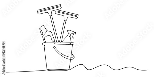 Continuous line drawing of a cleaning bucket with squeegees and spray bottle supplies