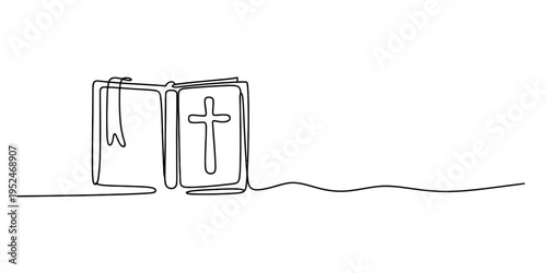 Single line drawing of an open bible with a christian cross and a bookmark on a white background.