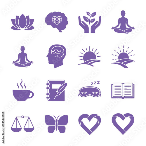 A collection of purple icons representing mental health and wellness