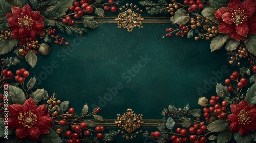 Elegant dark green background framed by red poinsettias, winter berries, and gold filigree accents. A sophisticated holiday border with copy space.