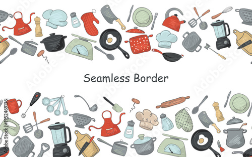 Seamless border repeatable pattern kitchen tools, cooking essentials, cookware, tableware pots, pans, spatulas, knives food packaging, menus and recipe design.