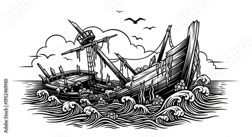 Monochrome Illustration of a Shipwreck in Rough Seas with Birds Overhead.