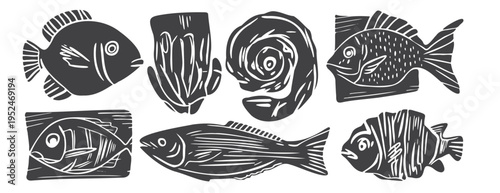 Fish linocut vector set: vintage woodcut marine animal illustrations with clownfish, discus and sardine. Black monochrome hand drawn ink stamp style for nautical sea ocean folk art and design poster
