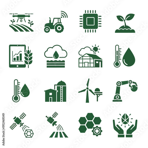 Smart farming icons set with green color scheme