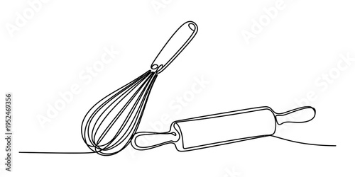 Continuous one line drawing of a kitchen whisk and a rolling pin for baking and cooking