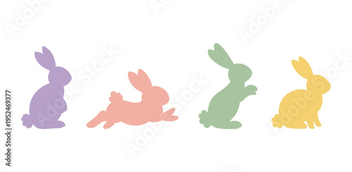 Set cute Easter bunny silhouettes in pastel colors with different poses. Minimal flat design for kids activities, coloring pages, holiday decorations, stickers and spring themed projects.