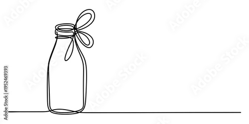Continuous line drawing of a glass milk bottle with a decorative bow on its neck.