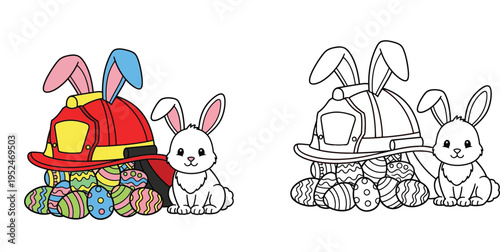 Easter Firefighter Helmet with Bunny Ears Colorful Eggs and Rabbit Illustration - Colored and Black and White Line Art Versions for Coloring Activity