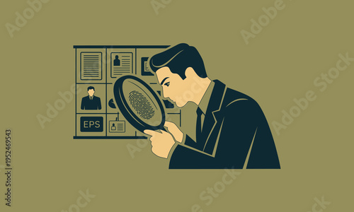 A detective intensely examining a fingerprint with a magnifying glass investigating a case file