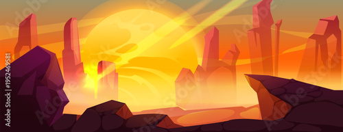 Desert planet surface with rocky mountains under alien sky. Vector cartoon illustration of fantasy space landscape, hot sun shining on horizon, cosmic game background, empty desert scene with stones