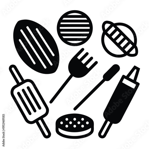 Black and white illustration of various cooking utensils and food