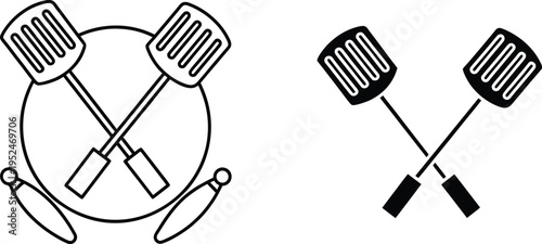 Black and white illustration of spatulas utensils for cooking and serving