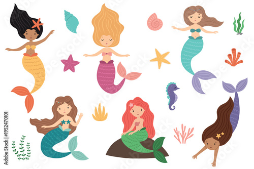 A set of cartoon mermaids and marine elements. Hand-drawn vector illustration in a flat style on a white background