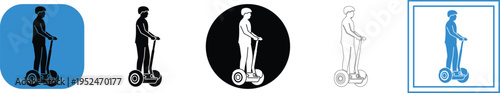 Various vector graphics of a person riding a Segway in different colors and backgrounds