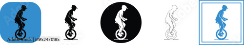 Vector graphic designs of a person riding a unicycle in various styles and shapes