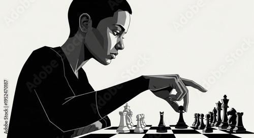 Woman Concentrating on Chess Game, Making Strategic Move.