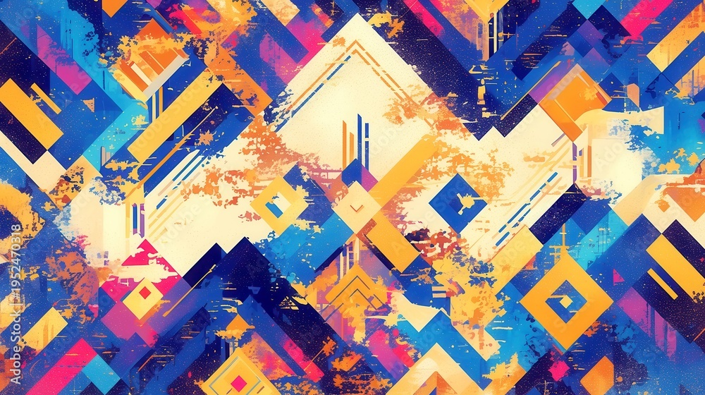 Fototapeta premium Vibrant Geometric Ikat City Pop Design, inspired by Indonesian textile art, featuring bold colors, woven texture effect, and seamless patterns, perfect for apparel and modern aesthetics.