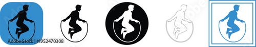 Vector graphic designs featuring a man jumping with a jump rope in various colors and shapes