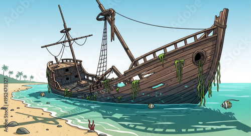 Wrecked Pirate Ship on Sandy Beach - A Cartoon Illustration.