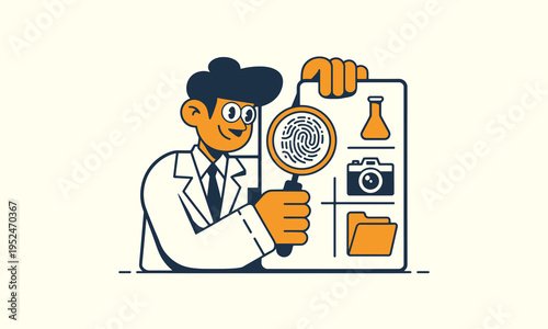 A detective examines evidence including a fingerprint with a magnifying glass and digital tools