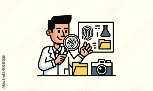 A detective carefully examines fingerprint evidence with a magnifying glass and forensic tools high quality