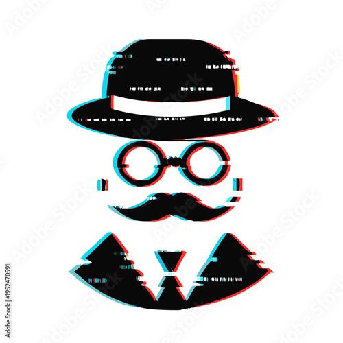Monocle gentleman emoji silhouette with glitch effect distortion on elegant minimalist icon