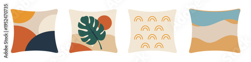 Set of four decorative throw pillows with abstract boho and nature-inspired designs