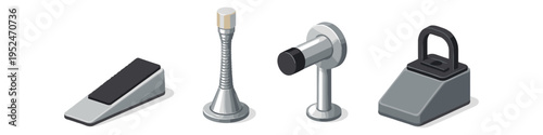 Collection of four modern door stoppers and holders in isometric view