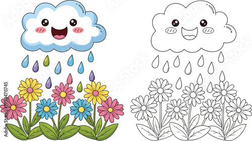 Kawaii Happy Cloud with Colorful Raindrops Watering Garden Flowers Coloring Page Vector Illustration for Kids Activity Book and Nursery Decor