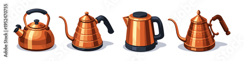 Collection of four copper kettles with different designs and spouts for brewing
