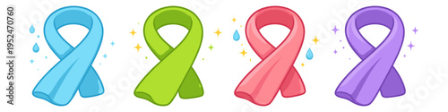 Four colorful awareness ribbons with sparkles and water droplets, representing different causes