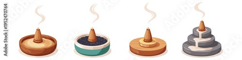 Collection of four different incense burners with smoke rising from cones