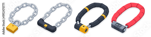 Collection of four different bicycle locks in isometric view on white background
