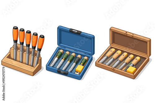 Collection of woodworking chisels in wooden block and protective cases