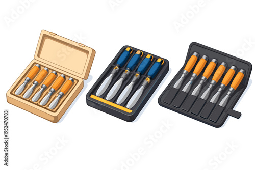 Collection of woodworking chisels in protective cases, ready for use