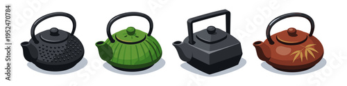 Collection of four diverse cast iron teapots in isometric view