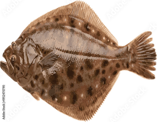 Flounder Fish Illustration with Spotted Pattern Isolated on White Background Keywords: flounder, fish, flatfish